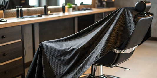 A black barber cape for wholesale purchase draped over a chair in a professional barbershop.
