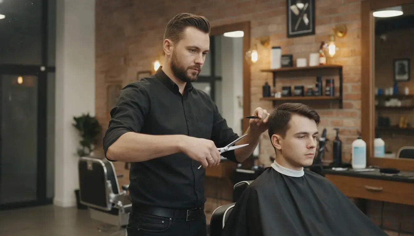 Professional barber demonstrating proper posture and scissor grip technique