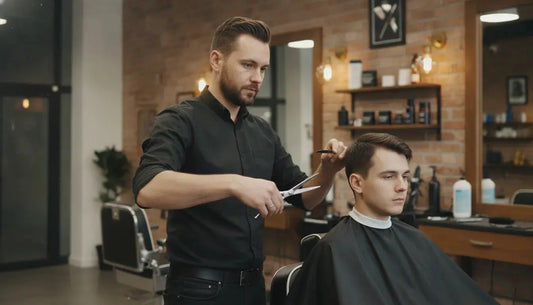 Professional barber demonstrating proper posture and scissor grip technique
