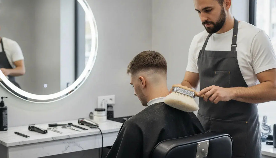 Barber using a soft barber neck duster after a fresh fade