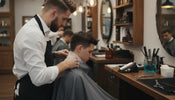 Barber fitting a disposable neck strip before placing a cape