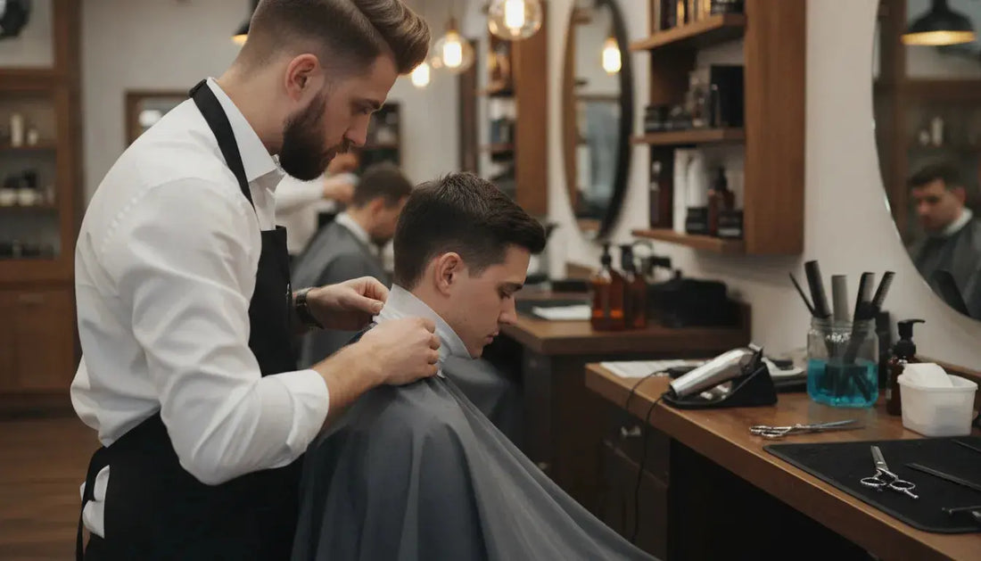 Barber fitting a disposable neck strip before placing a cape