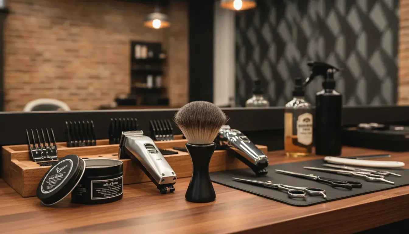 Professional barber powder and neck duster at a barber station