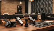 Professional barber powder and neck duster at a barber station