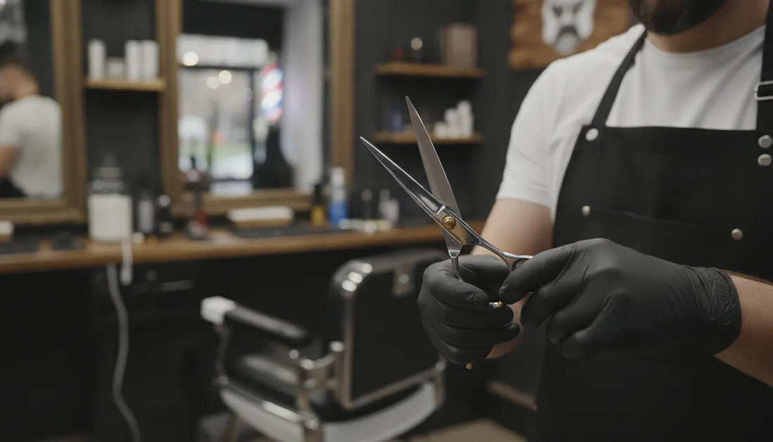 Professional barber shears on a barbershop workstation