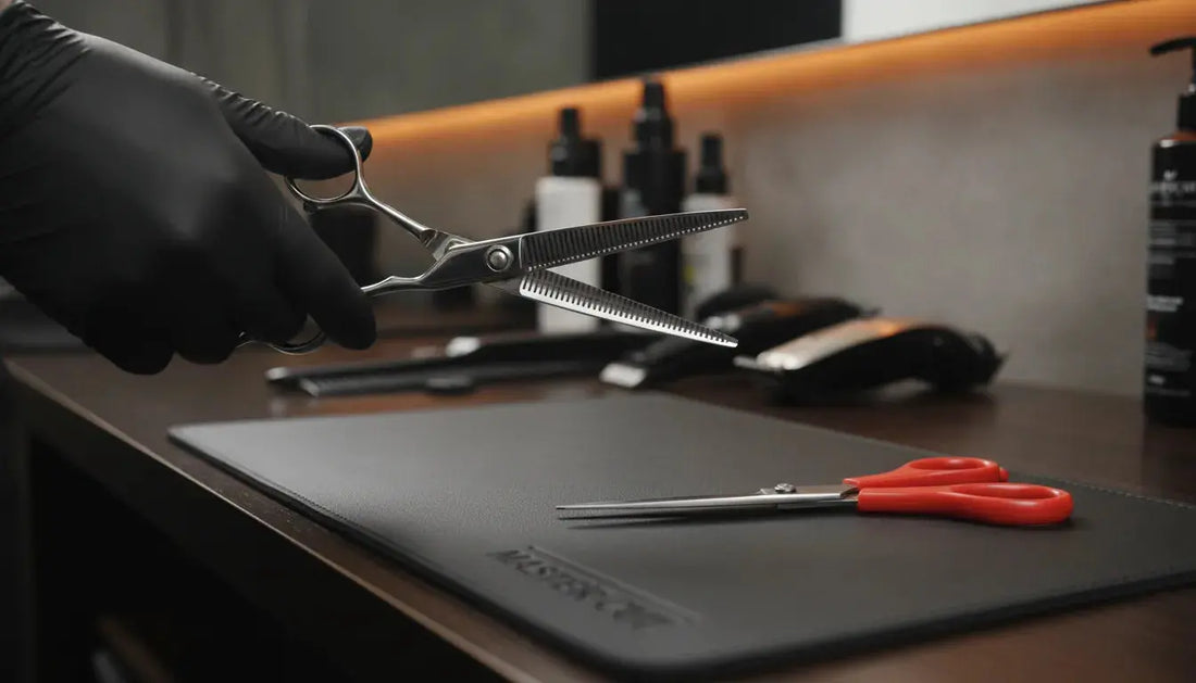 Professional barber shears next to household scissors on a barber station