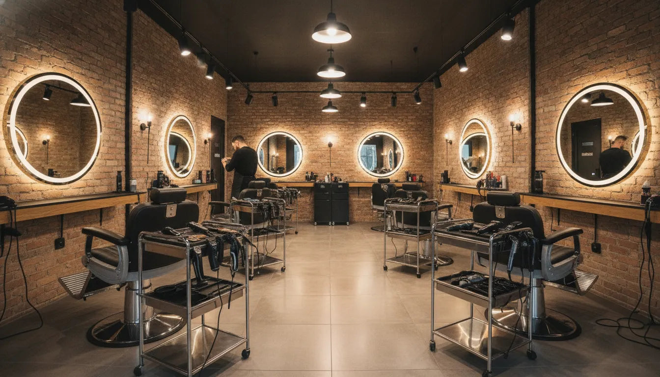 Professional barbershop interior with styling stations, barber chairs, and organized tool trolleys