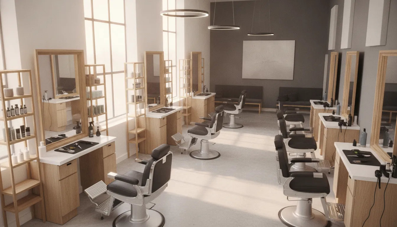 Organized barber shop interior with spaced workstations