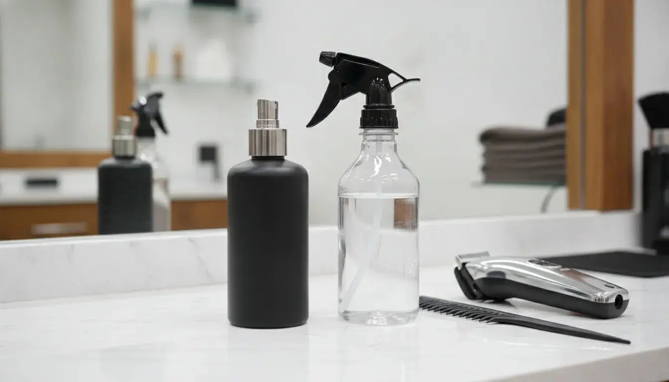 Continuous mist and trigger barber spray bottles on a workstation