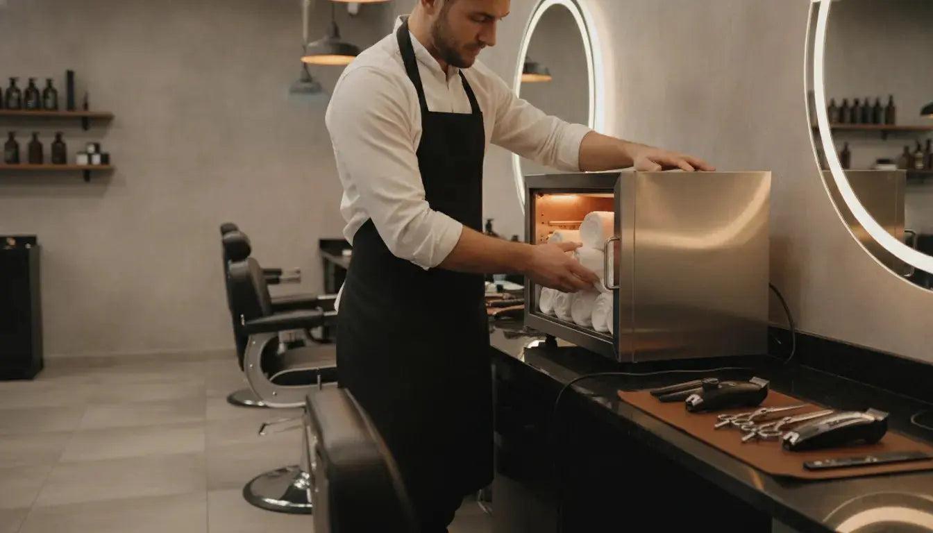 Barber loading clean towels into a countertop towel warming cabinet