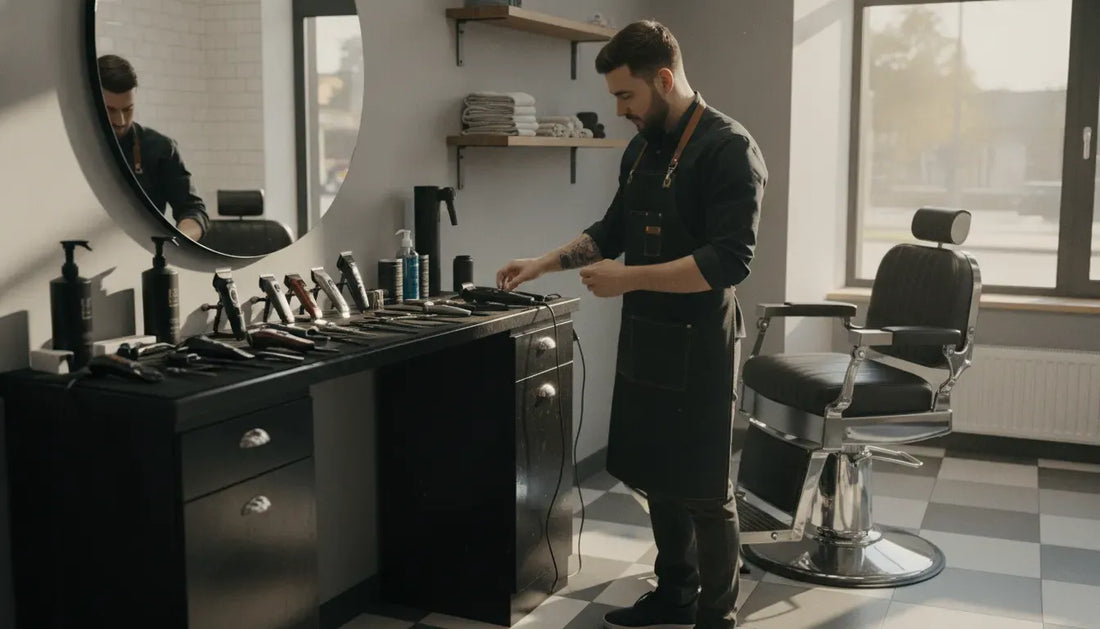 Professional barber organizing tools at a barbershop station