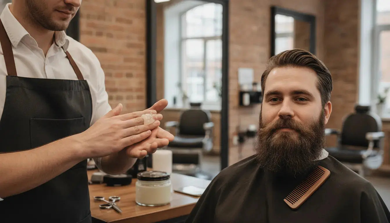 Barber warming beard balm between his palms beside a client with a full beard
