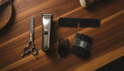 Professional cordless hair clippers and trimming accessories arranged on a wooden surface for home barber use