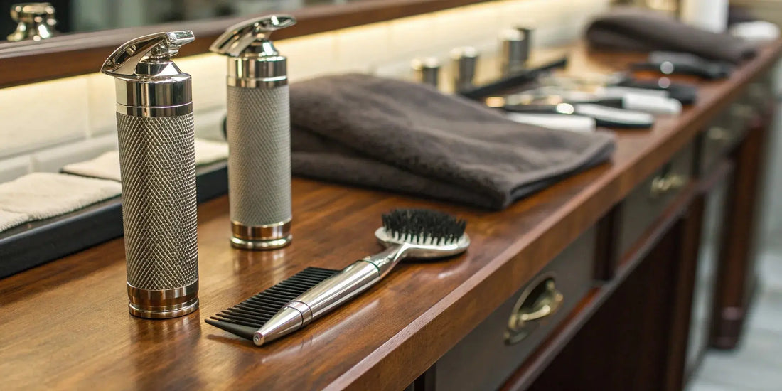 The best professional barber clippers set with a comb and brush on a wooden surface.