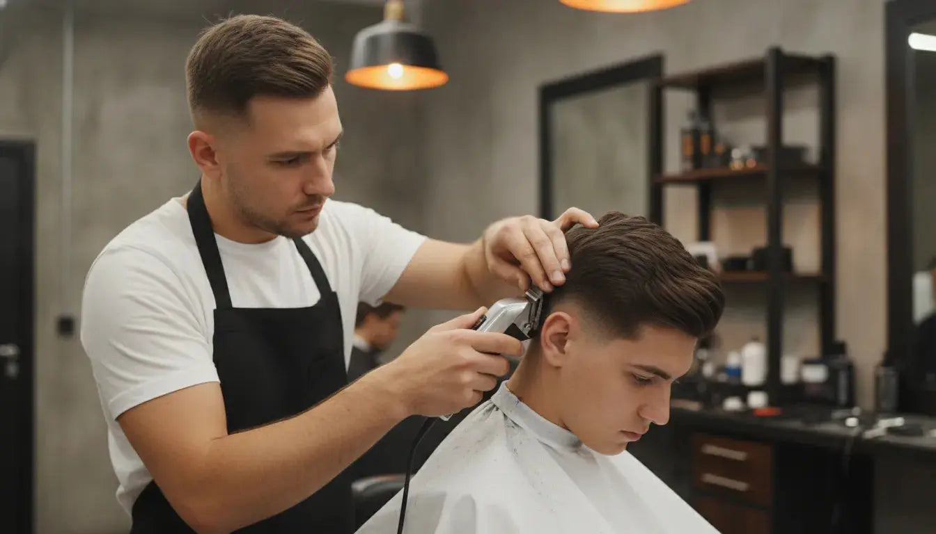 Professional barber using a cordless trimmer for precise lineup work