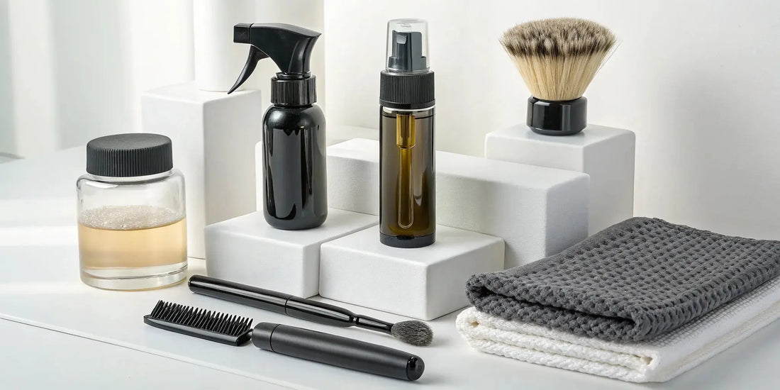A professional clipper cleaning kit with brushes, oil, and disinfectant spray.