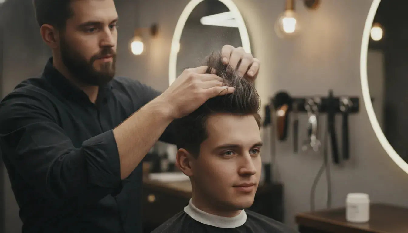 Barber applying professional hair styling powder to a client's roots in a modern barbershop