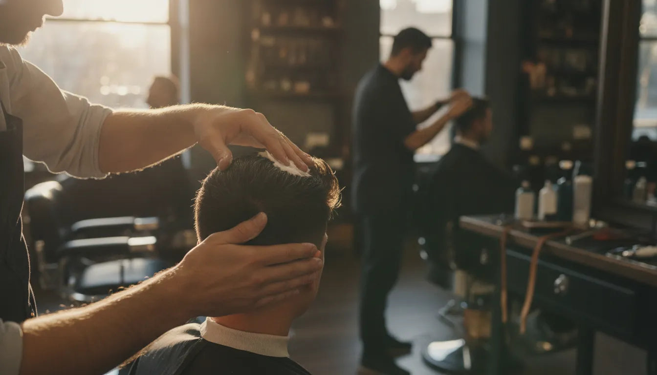 Professional barber applying strong-hold matte paste to a client's textured hair in a barbershop
