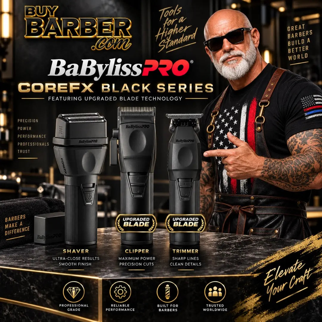 Alt text: BaBylissPRO CoreFX Black Series clipper, trimmer, and double-foil shaver with upgraded blades, BuyBarber.com branding, and barber character.