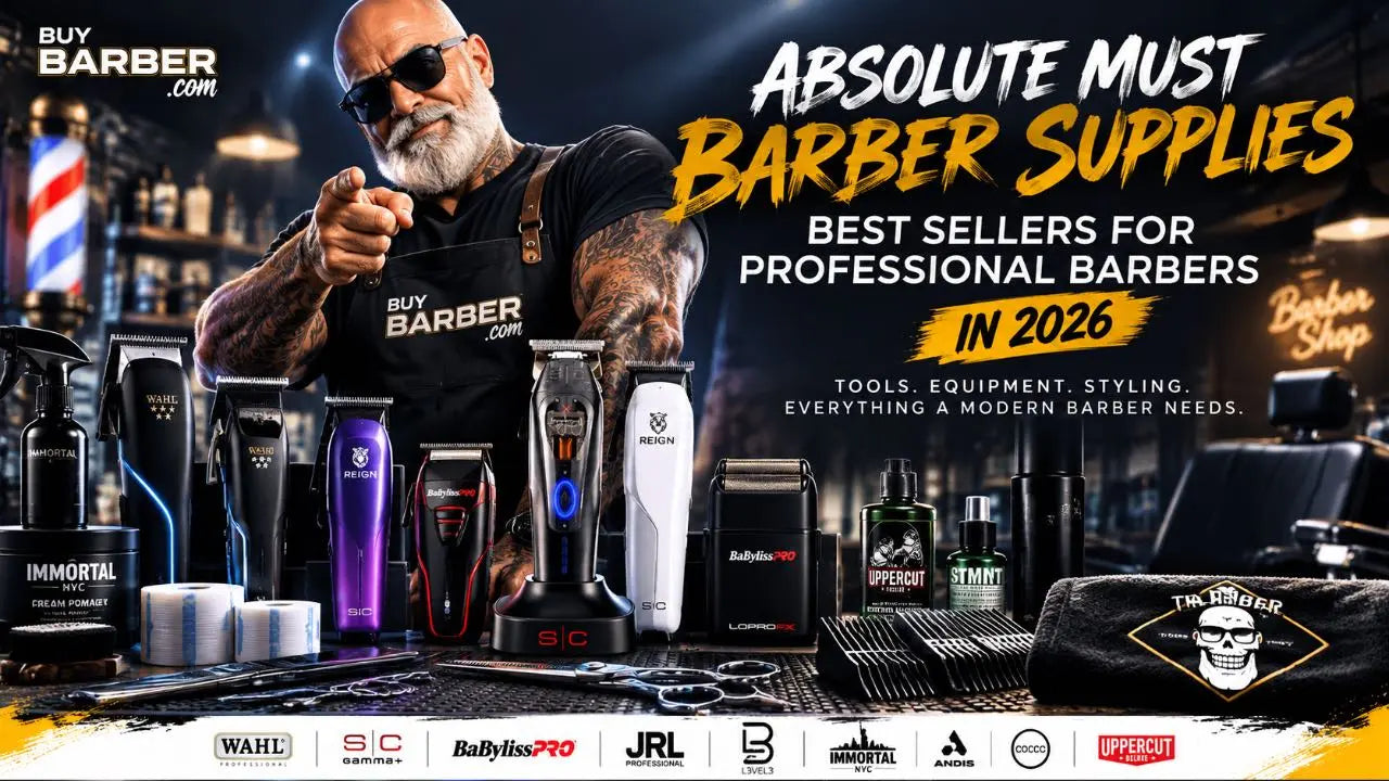 BuyBarber.com professional barber supplies featuring clippers, trimmers, shavers, styling products and barber tools with buybarber.com character.