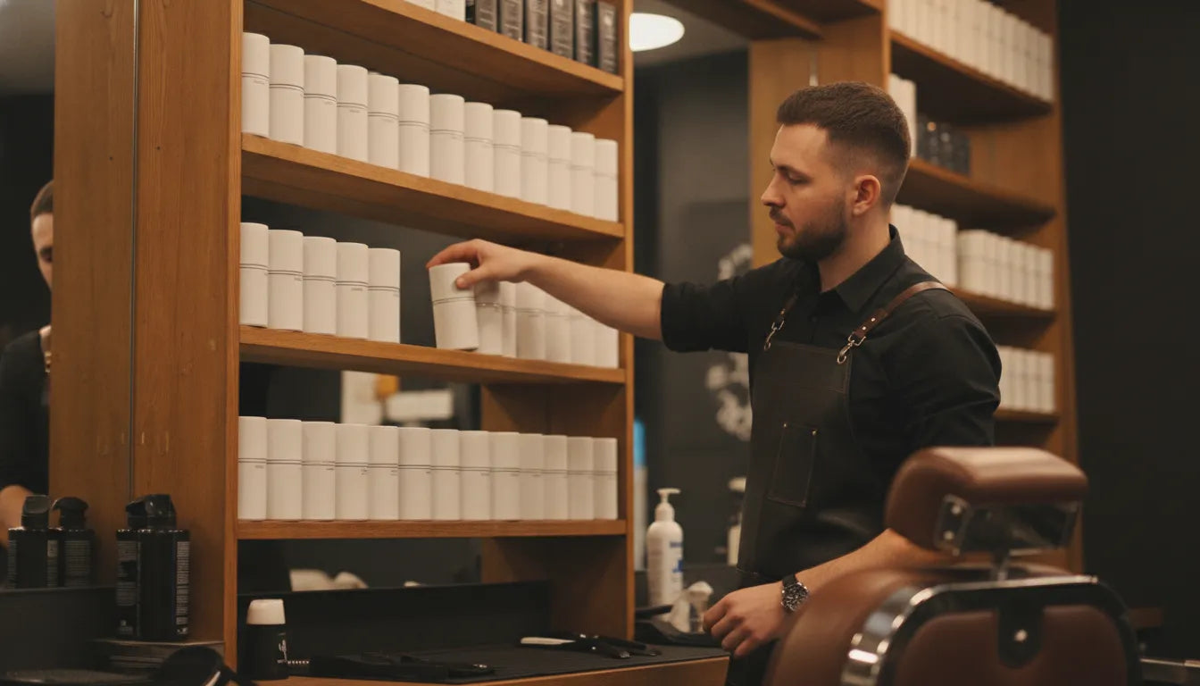 Professional barbershop backbar stocked with jars and canisters of styling powder