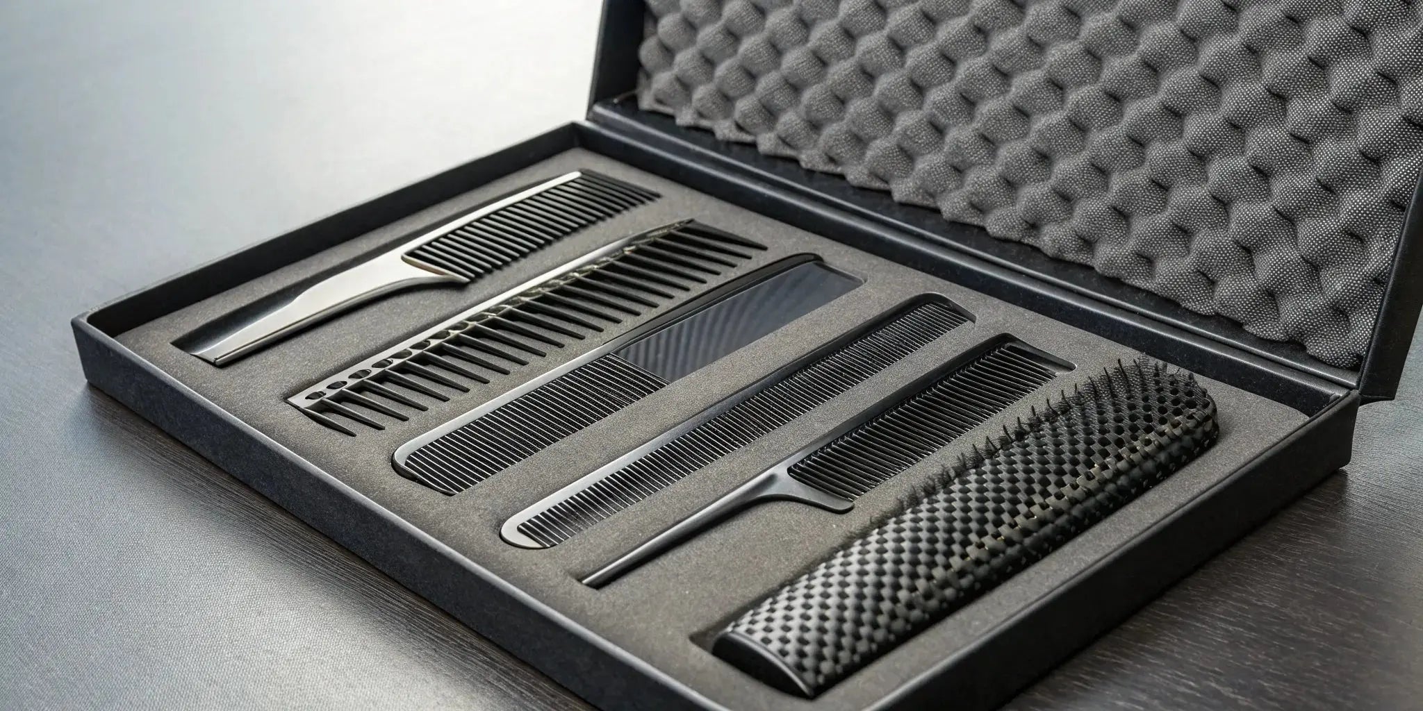 Wholesale carbon fiber comb set for professionals, displayed in a black case.