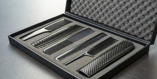 Wholesale carbon fiber comb set for professionals, displayed in a black case.
