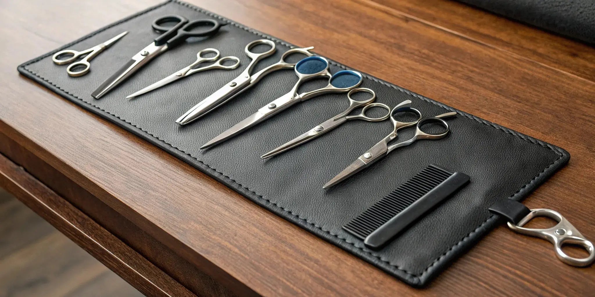 A barber's set of professional shears and a comb, key tools for choosing the right pair.