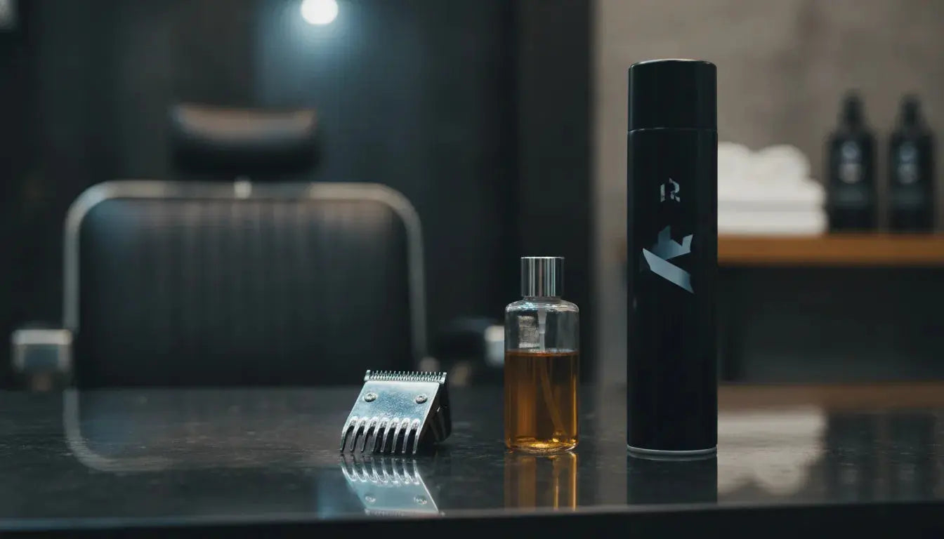 Clipper oil and blade coolant beside a professional barber clipper blade