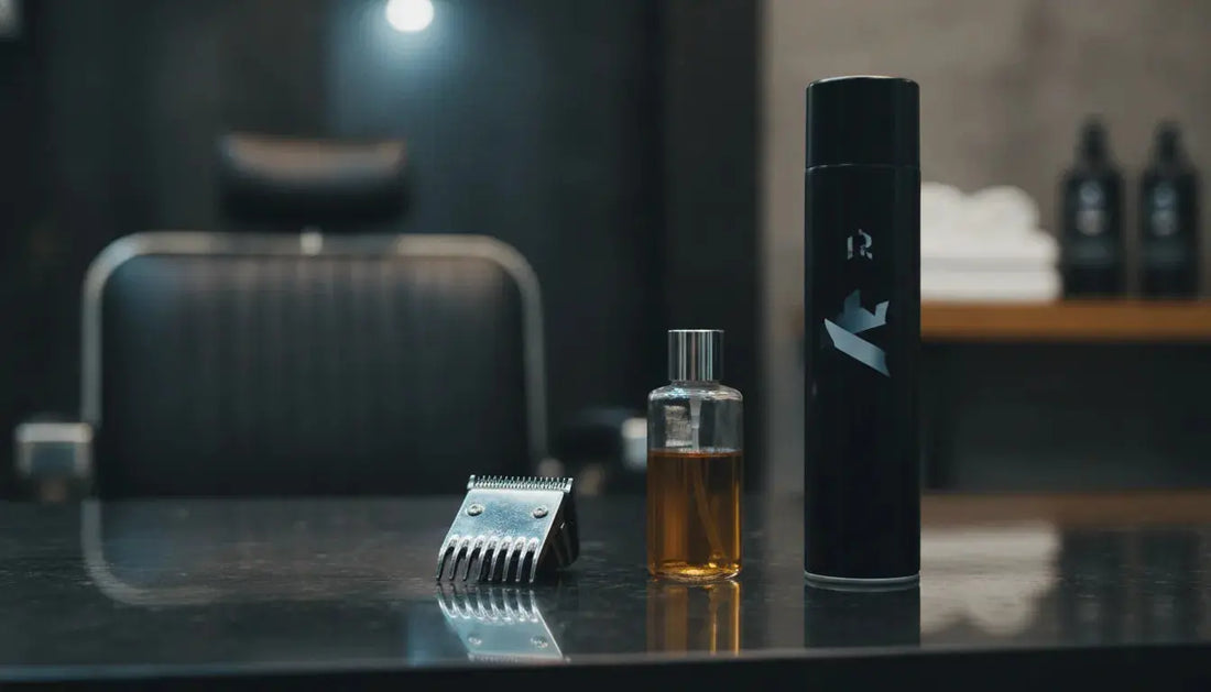 Clipper oil and blade coolant beside a professional barber clipper blade