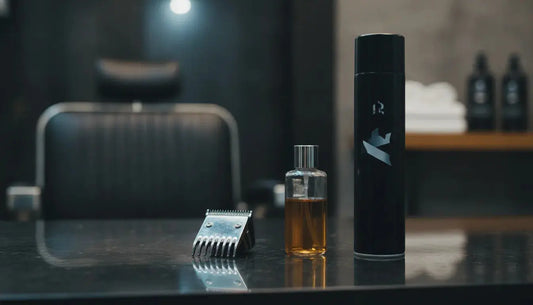Clipper oil and blade coolant beside a professional barber clipper blade