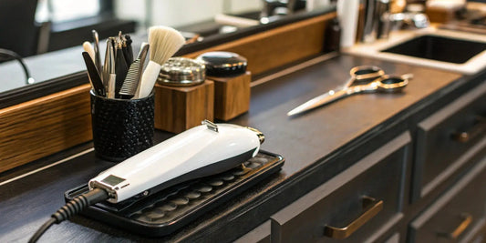 A clipper and blade prepared for sharpening with tools on a barber workstation.