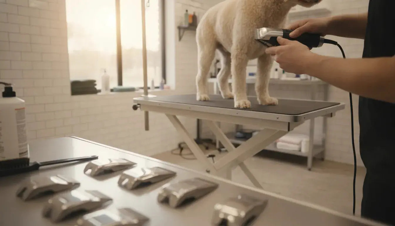 Professional groomer using a clipper on a calm dog in a clean salon