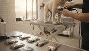 Professional groomer using a clipper on a calm dog in a clean salon