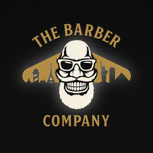 The Barber Company logo featuring a stylized bearded skull with sunglasses, framed by a gold city skyline including iconic landmarks