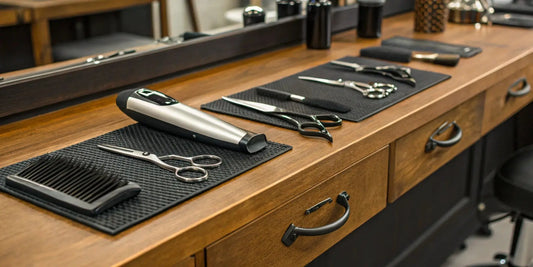 Barbershop supplies like clippers, combs, and shears on a wooden station, essential for opening a new barbershop.