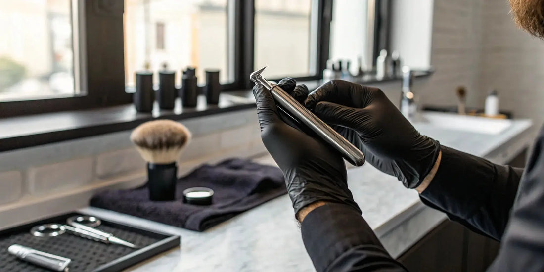 Professional barber holding a precision eyebrow trimmer in a salon.