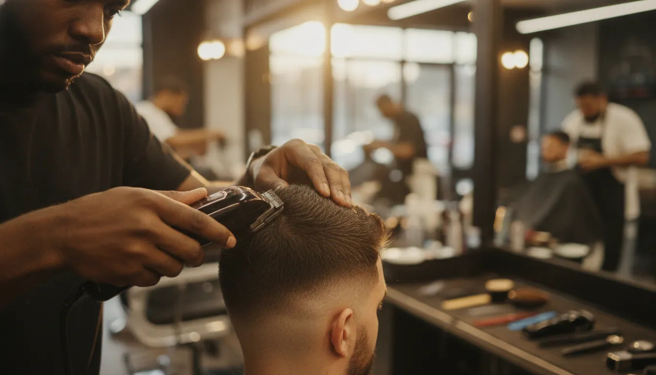 Professional barber cutting a clean fade with a cordless super-torque clipper in a busy barbershop