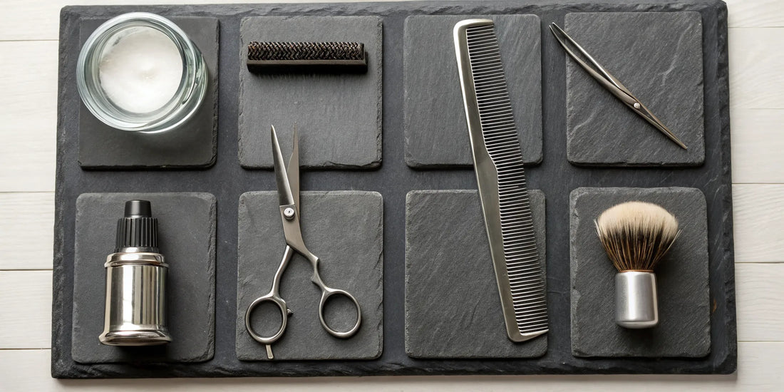 A collection of professional barber tools for precision hair cutting and styling.