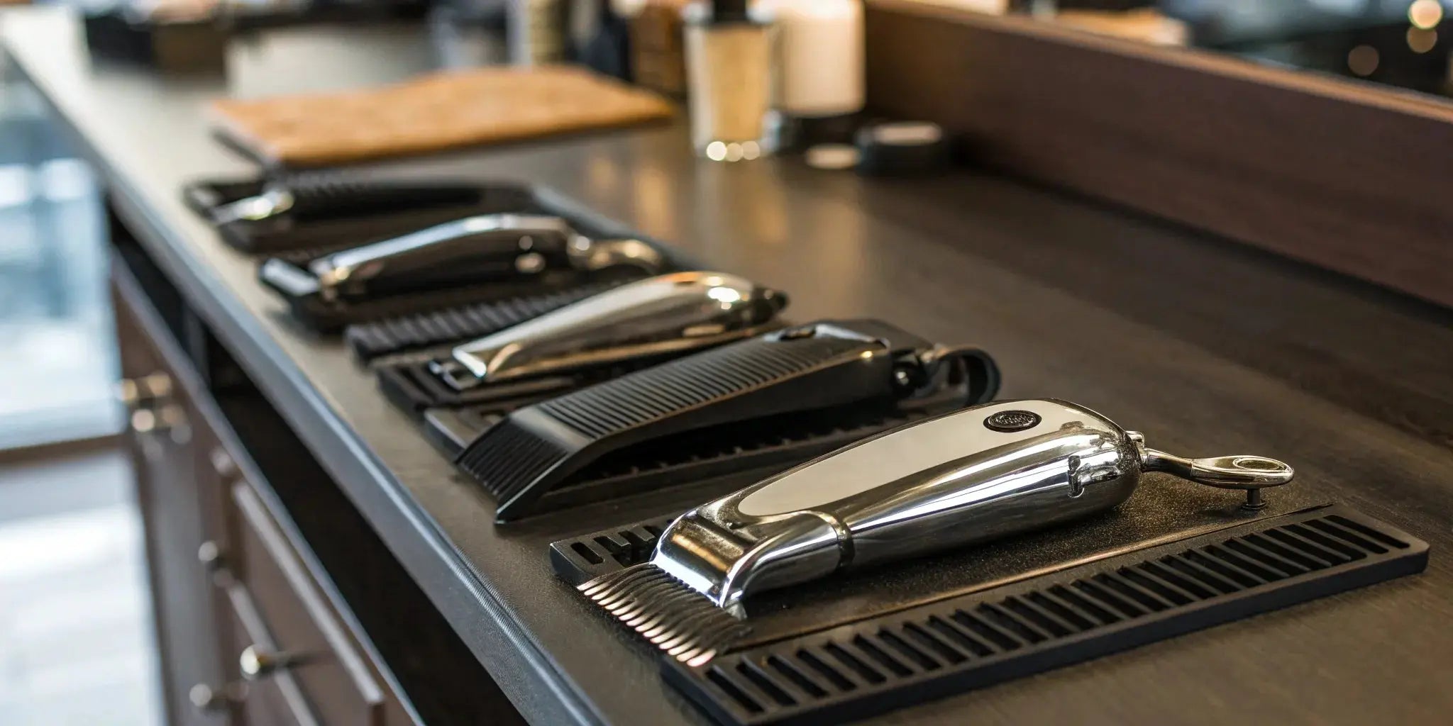 A hair clipper with a full set of numbered guards showing different hair cutting sizes.