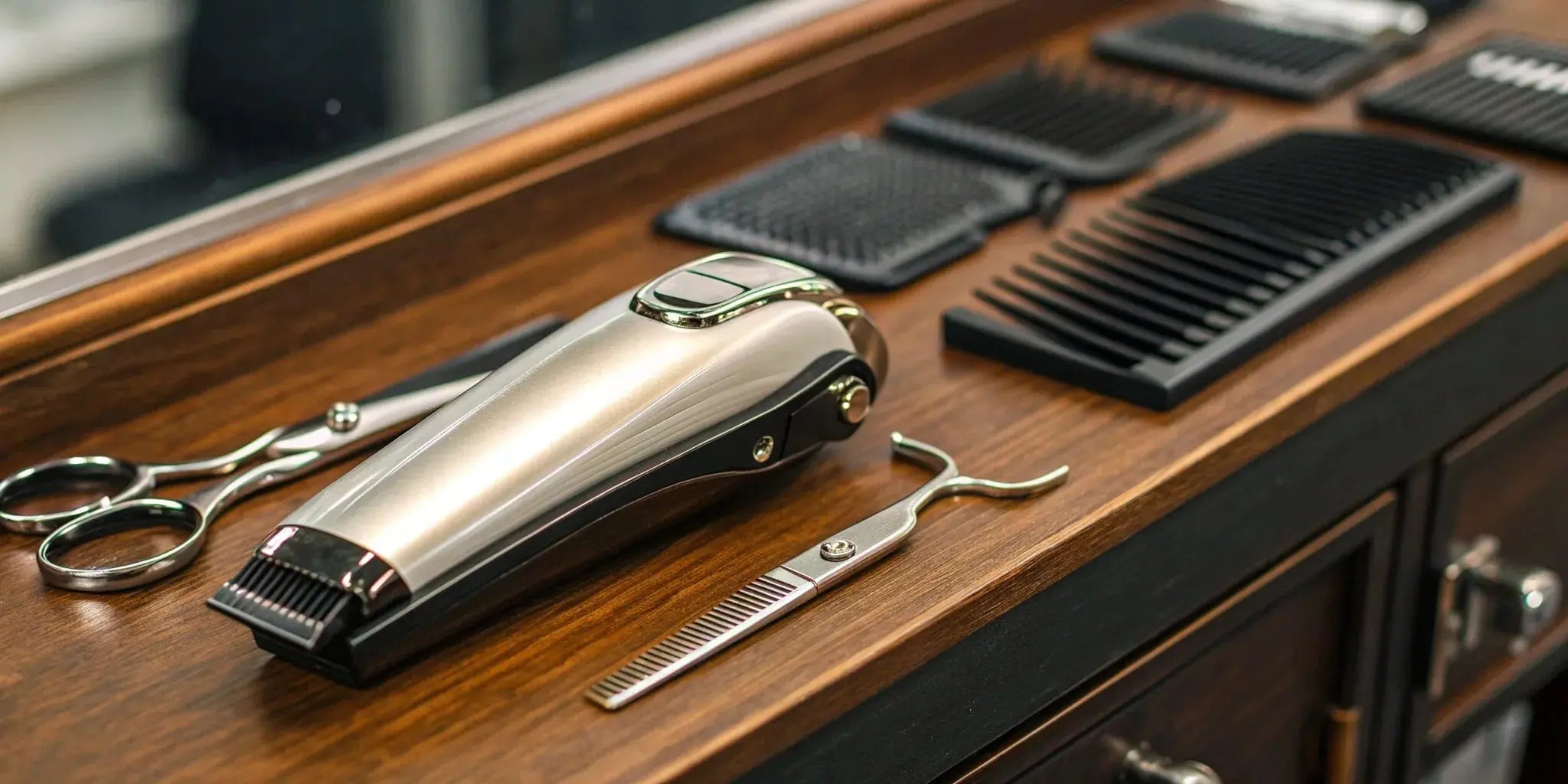 Wahl professional hair clippers and barber tools on a station.