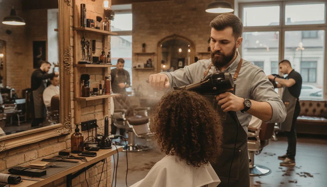 Barber diffusing a client's curly hair with a diffuser attachment in a barbershop