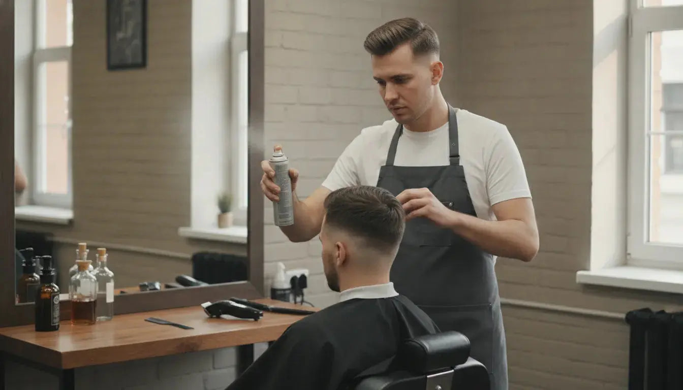 Barber applying finishing hair spray to a man's textured hairstyle