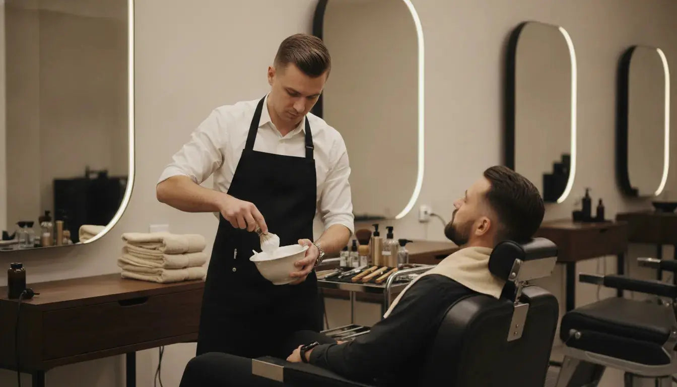 Barber preparing warm shaving lather at a professional barbershop station
