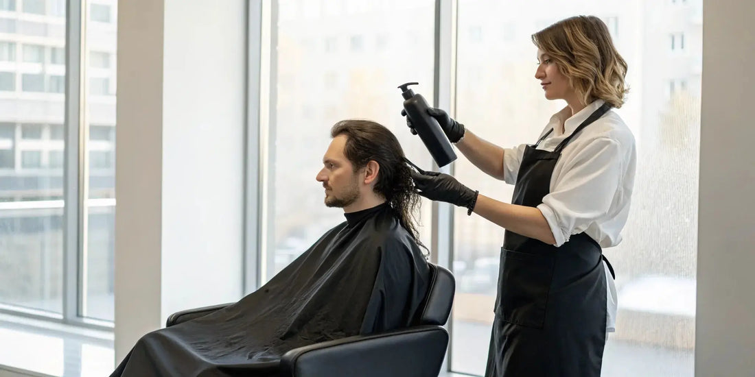 A professional applying hair fibers to a client's thinning hairline.