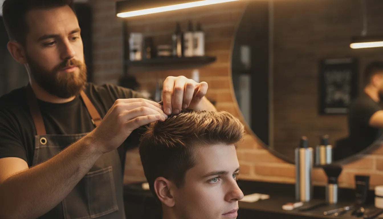 Barber applying matte styling paste to a client's hair in a modern barbershop