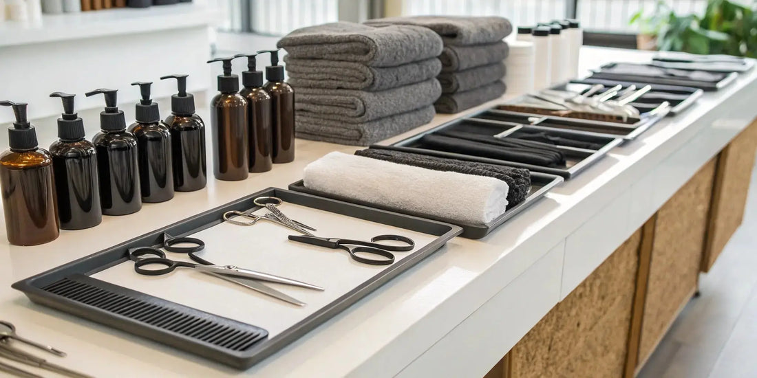 A professional collection of barber supplies to buy in bulk for a salon.