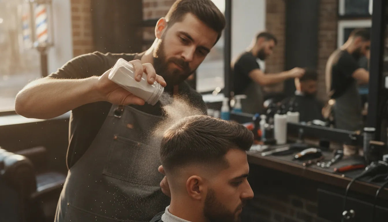 Barber applying matte texturizing styling powder to a client's short crop in a professional barbershop