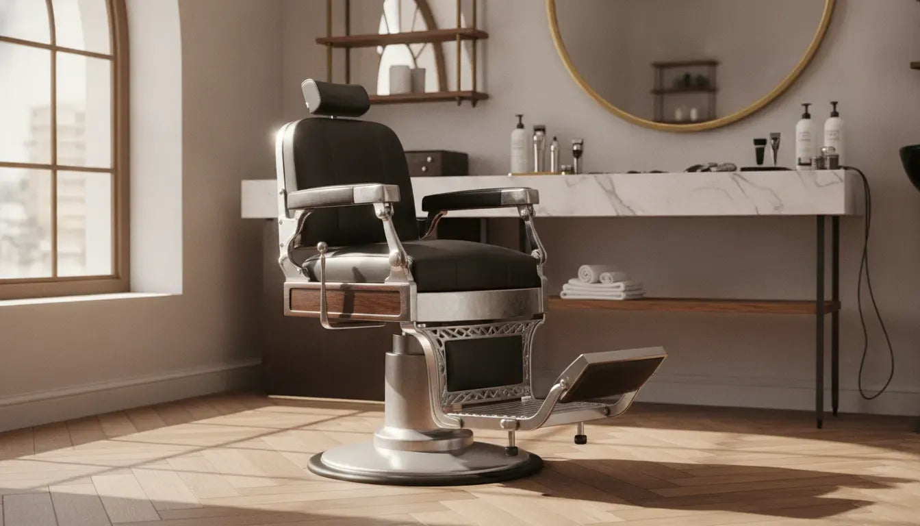 Professional barber chair with hydraulic base, padded seat, footrest, and reclining backrest in a clean shop