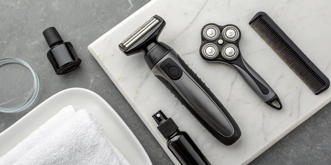 An electric face shaver and a rotary shaver with professional grooming tools.